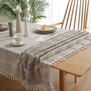 Gernaice Rustic Stripe Embroidered Tablecloth Heavy Rectangle Tassel Cotton Linen Table Cloth Wrinkle Free Washable Table Cover for Kitchen Dinning Party Holiday Brown 55x86 Inch