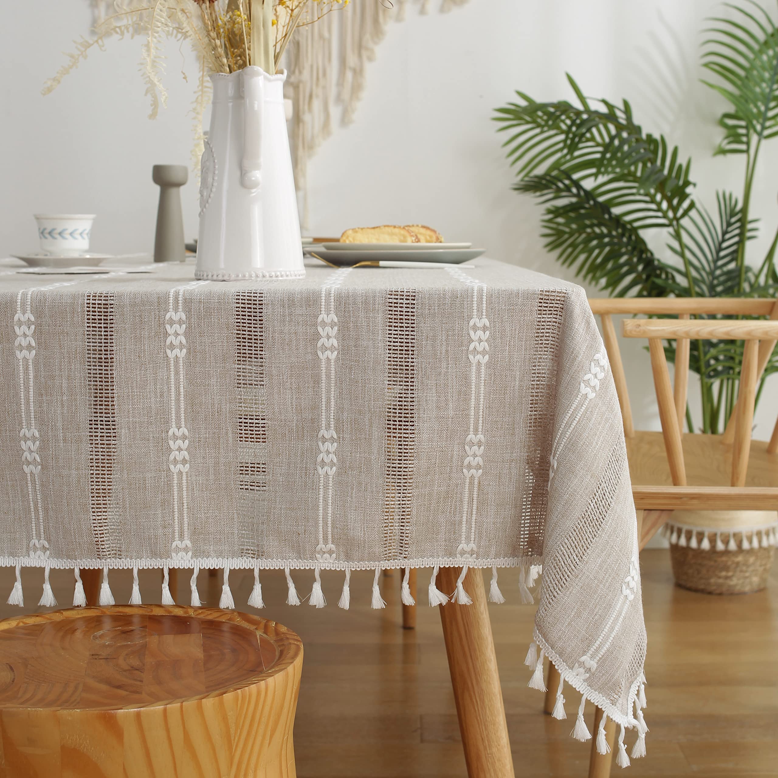 Gernaice Rustic Stripe Embroidered Tablecloth Heavy Rectangle Tassel Cotton Linen Table Cloth Wrinkle Free Washable Table Cover for Kitchen Dinning Party Holiday Brown 55x86 Inch