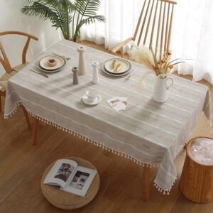 Gernaice Rustic Stripe Embroidered Tablecloth Heavy Rectangle Tassel Cotton Linen Table Cloth Wrinkle Free Washable Table Cover for Kitchen Dinning Party Holiday Brown 55x86 Inch