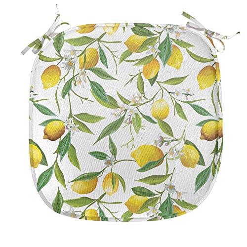 Ambesonne Nature Chair Seating Cushion Set of 4, Flowering Lemon Woody Plant Romance Habitat Citrus Fresh Background, Anti-Slip Seat Padding for Kitchen & Patio, 16"x16", Fern Green Yellow White