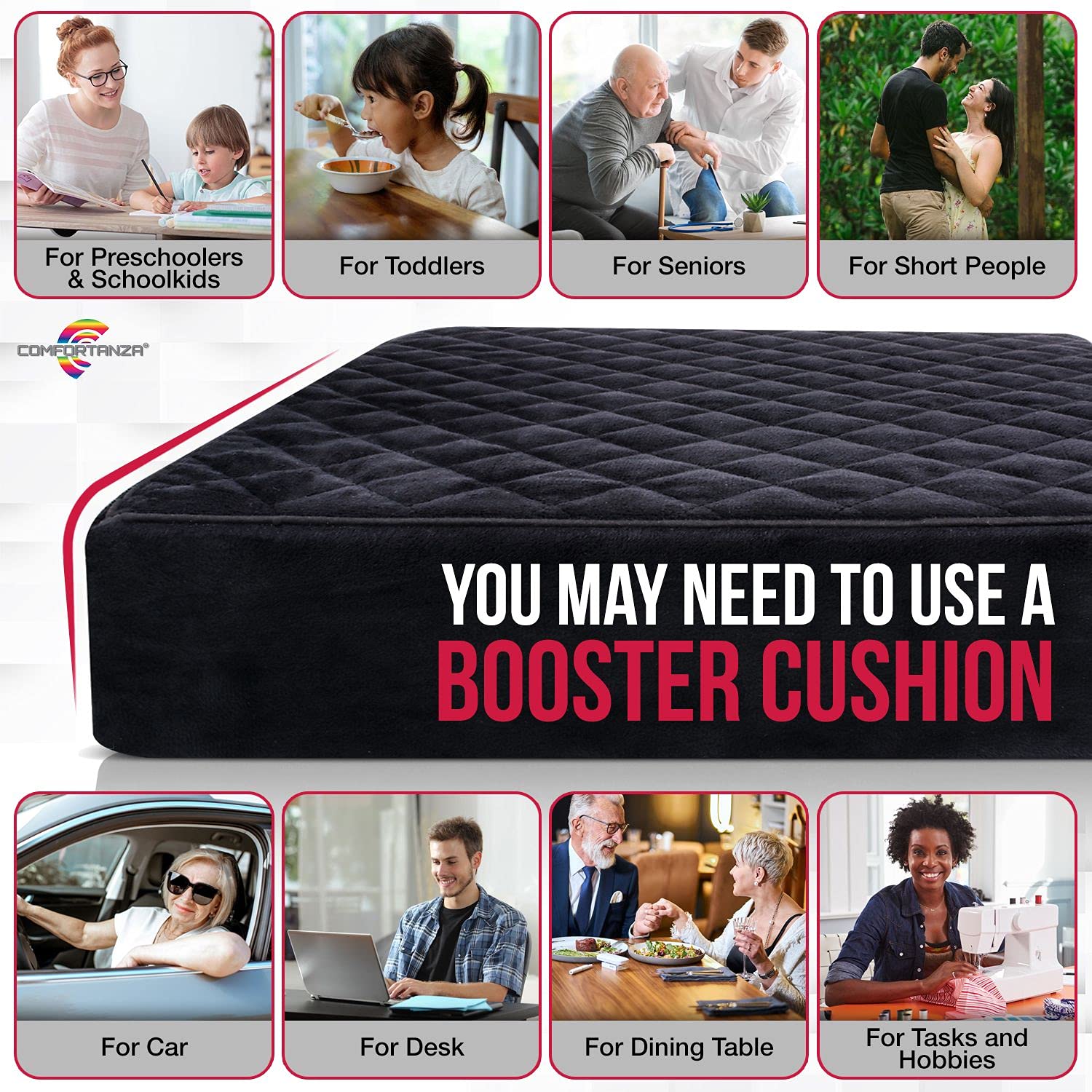 COMFORTANZA Chair Seat Cushion - 18x18x3 Memory Foam Large Square Thick Non-Slip Pads for Kitchen, Dining, Office Chairs, Car Seats - Booster Cushion - Comfort and Back Pain Relief - Firm - Black