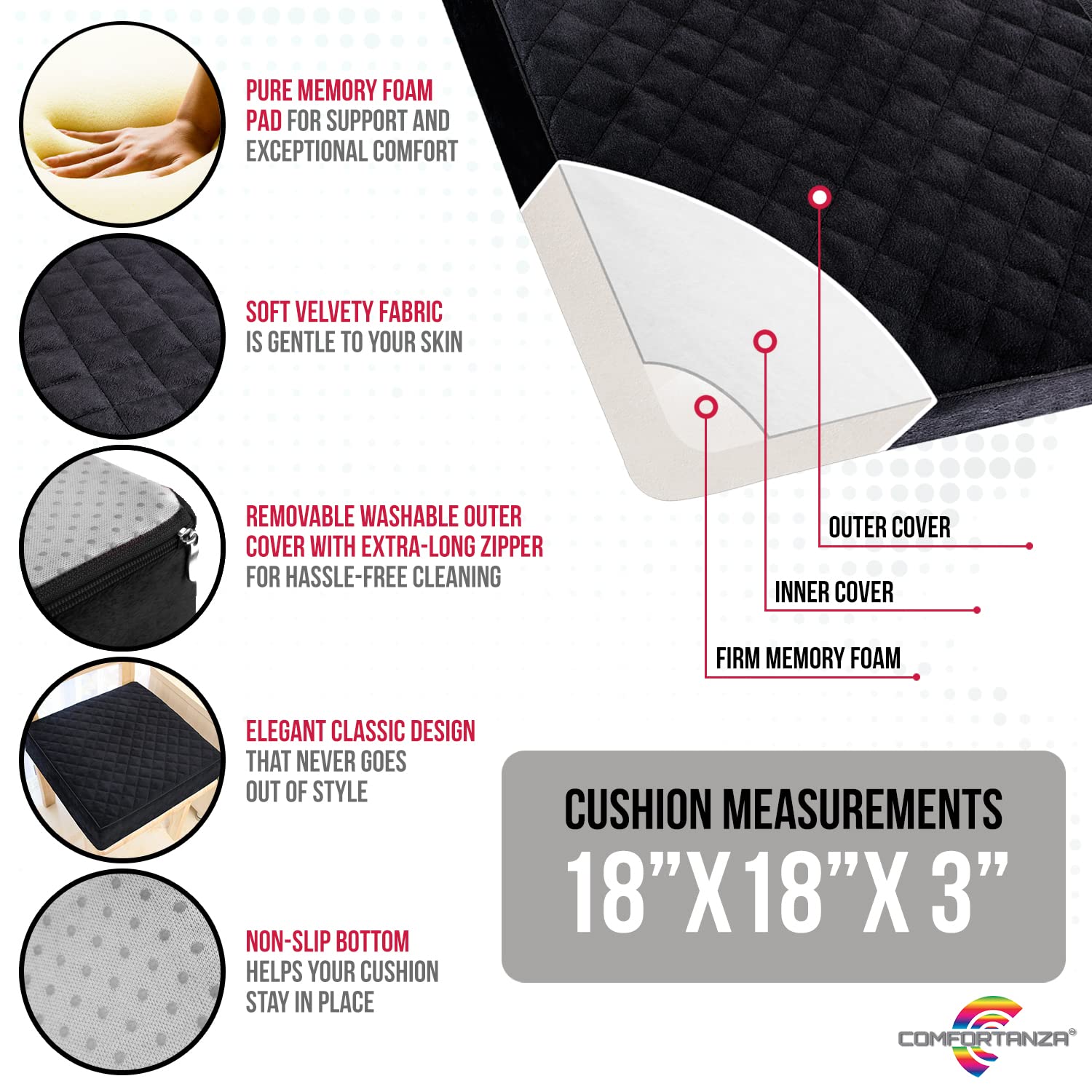 COMFORTANZA Chair Seat Cushion - 18x18x3 Memory Foam Large Square Thick Non-Slip Pads for Kitchen, Dining, Office Chairs, Car Seats - Booster Cushion - Comfort and Back Pain Relief - Firm - Black