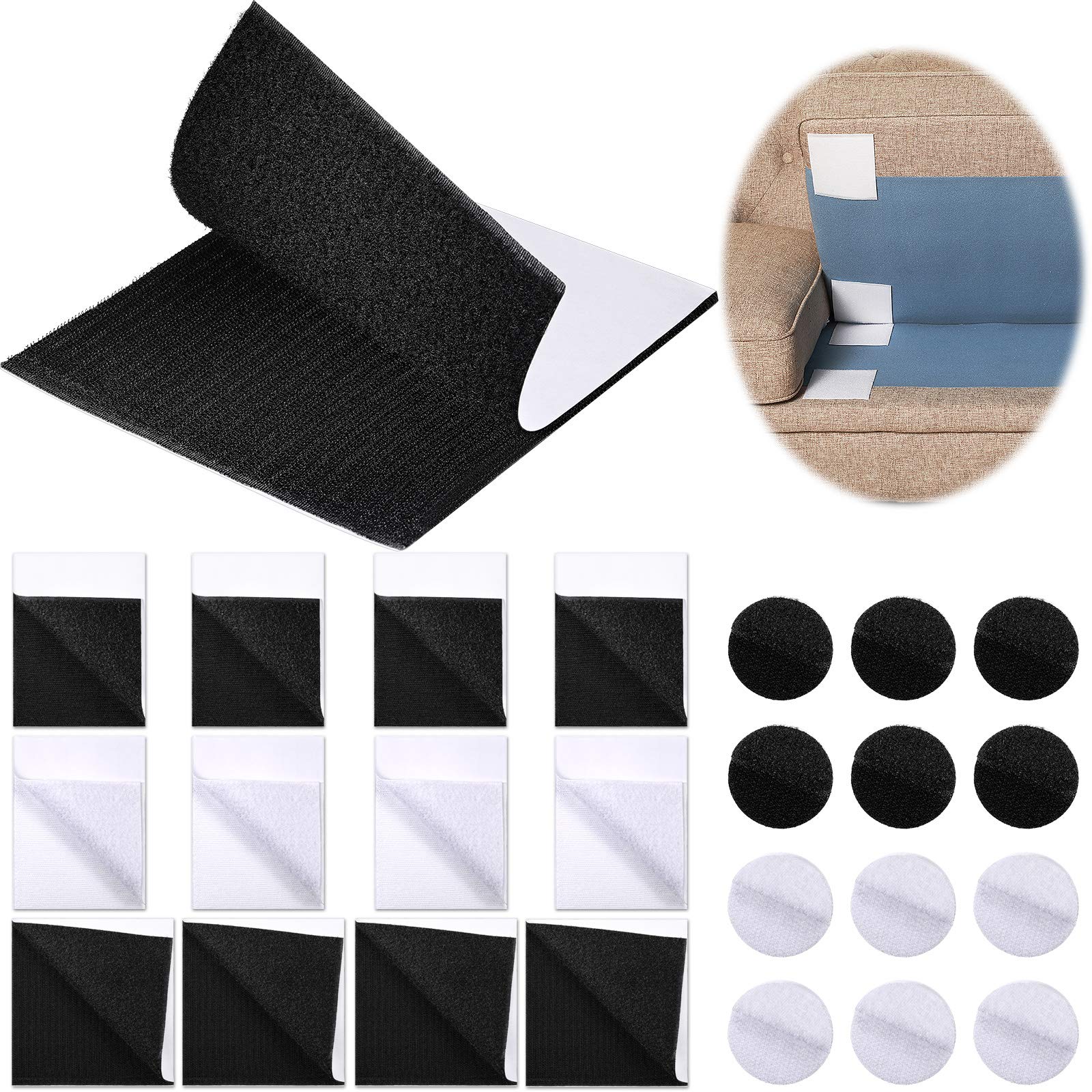 24 Pieces Self Adhesive Non-Slip Cushion Pad for Couch, Keeping Sofa Cushions from Sliding, Hook Loop Tape Gripper Keep for Sheet, Carpet, Seating Cushions, 6 x 6 inch, 4 x 6 inch, 1.6 x 1.6 inch