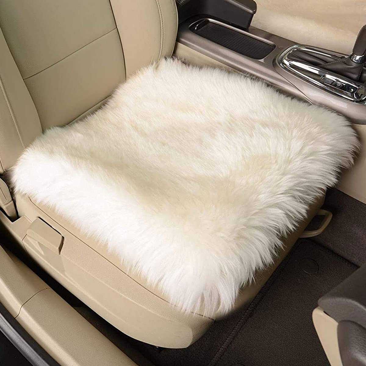 OKAYDA Natural Sheepskin Car Seat Cover Fluffy Square seat Cushion Universal Size Fit for Most Car, Truck, SUV, or Van (White)