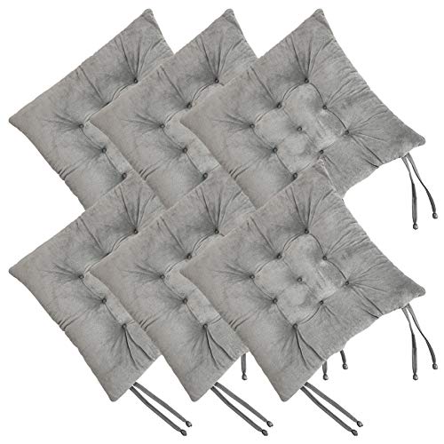 RULLENY Set of 6 Chair Pads and Seat Cushions with Ties Non Slip Comfortable and Soft for Indoor, Dining Living Room, Kitchen, Office Chair, Den, Travel, Washable (Light Grey, 6)