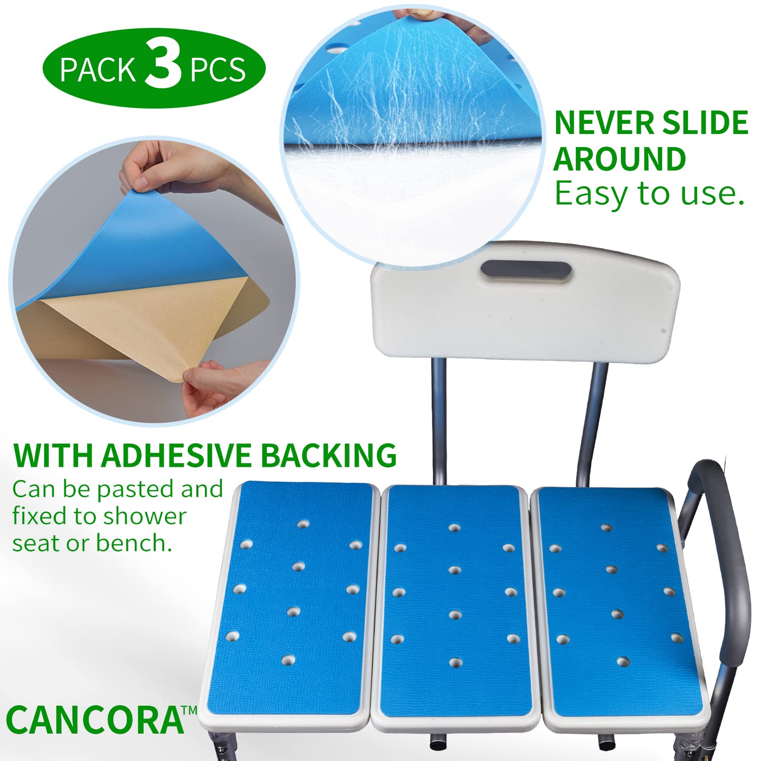 Bathtub Transfer Bench Mat,Shower Chair Mat,Shower Chair Pad,Adhesive Backing Non Slip Soft Cushion, 15.1 x 7.6 Inch,3Pack,Blue