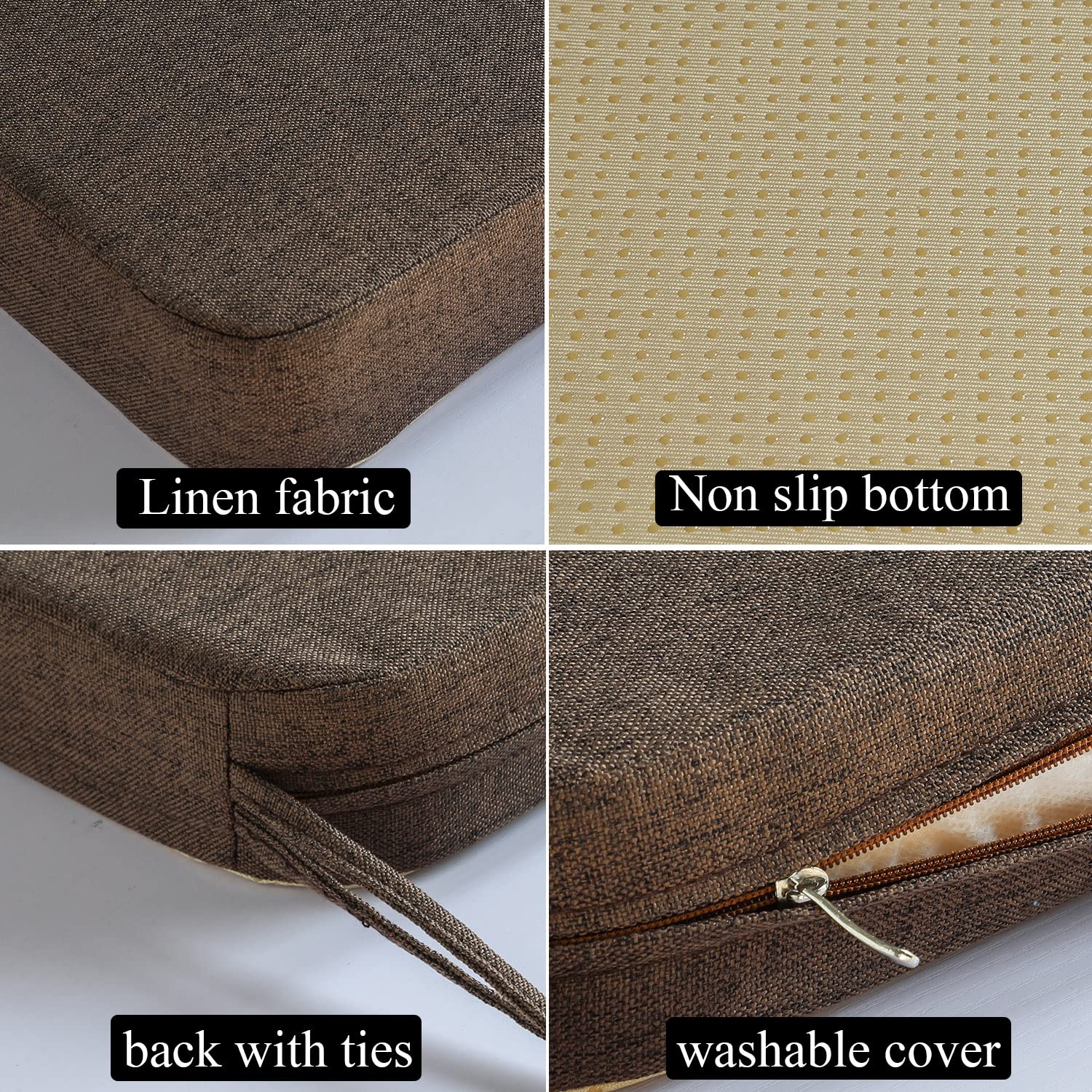 Chair Cushion for Dining Chairs with Ties 2 Pack Non Slip Memory Foam Kitchen Room Chair Pads 17x16 Inch, Brown