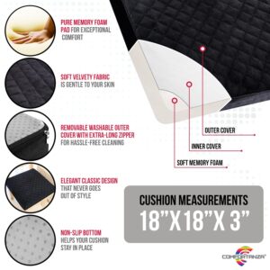 COMFORTANZA Chair Seat Cushion - 18x18x3 Memory Foam Square Thick Non-Slip Pads for Kitchen, Dining, Office Chairs and Car Seats - Comfort and Back Pain Relief - Soft - Black