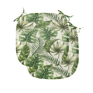 lunarable tropical chair seating cushion set of 2, rainforest island jungle foliage pattern green leaves retro nature, anti-slip seat padding for kitchen & patio, 16"x16", green olive green cream