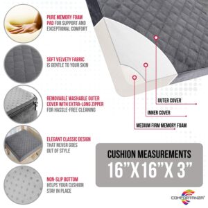 COMFORTANZA Chair Seat Cushion - 16x16x3 Memory Foam Square Thick Non-Slip Pads for Kitchen, Dining, Office Chairs, Car Seats - Booster Cushion - Comfort and Back Pain Relief - Firm - Gray