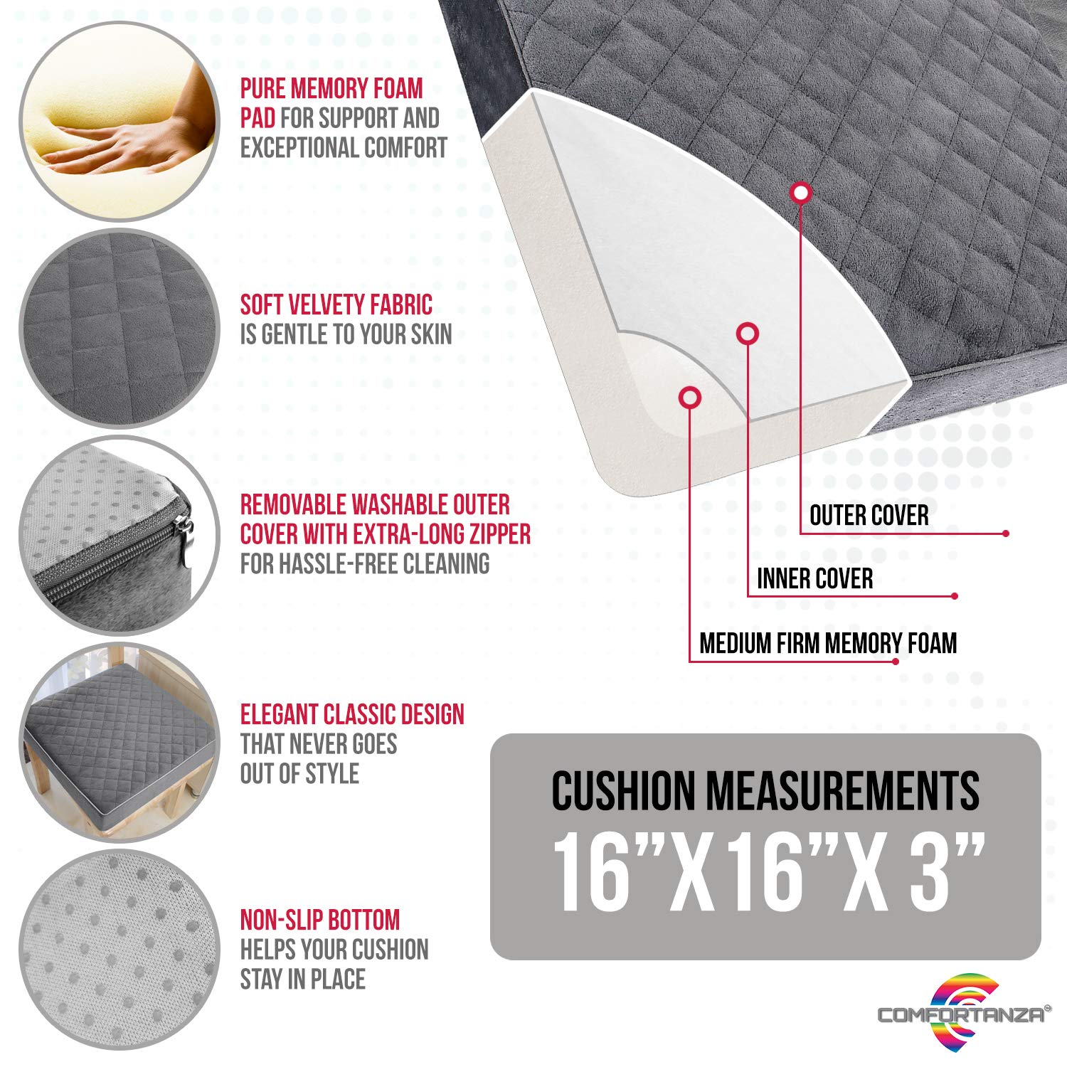 COMFORTANZA Chair Seat Cushion - 16x16x3 Memory Foam Square Thick Non-Slip Pads for Kitchen, Dining, Office Chairs, Car Seats - Booster Cushion - Comfort and Back Pain Relief - Firm - Gray