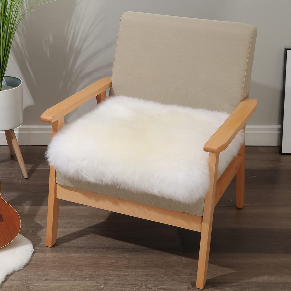 LLB Sheepskin Chair Cushion Non-Slip Back Square Genuine Fur Chair Cover Silky Natural Wool Seat Cushion Pad Soft Area Rugs Carpet for Home Office Restaurant Chair 18x18 Inch (Pack of 1), Ivory White