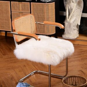 LLB Sheepskin Chair Cushion Non-Slip Back Square Genuine Fur Chair Cover Silky Natural Wool Seat Cushion Pad Soft Area Rugs Carpet for Home Office Restaurant Chair 18x18 Inch (Pack of 1), Ivory White