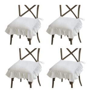 4 pack chair pads for dining chairs with ruffled, vintage seat cushion with ties non slip kitchen chairs cushion pads soft cotton washable (pure white,40*40cm/15.7*15.7in)