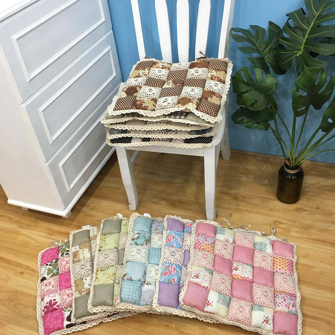 vctops Patchwork Chair Pad with Ties No Slip Lace Trim Chair Cushion Farmhouse Floral Print Kitchen Dining Seat Cushion (098, 16"x16")