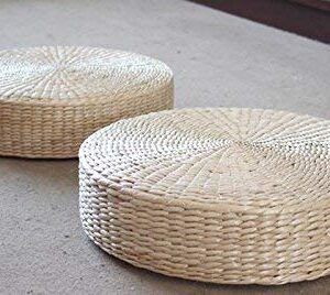 MAHAO Japanese Style Handcrafted Eco-Friendly Padded Knitted Straw Flat Seat Cushion,Hand Woven Tatami Floor Cushion Corn Maize Husk (Dia40cm/15.8" x 10cm/4")