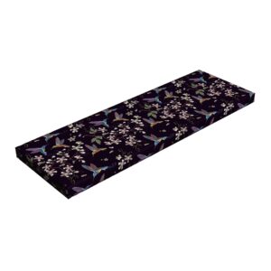 ambesonne cherry blossom bench pad, flappy broad-tailed hummingbirds flying around white cherry blossom trees, standard size hr foam cushion with decorative fabric cover, 45" x 15" x 2", black purple