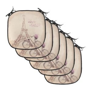 lunarable paris chair cushion pads set of 6, bonjour france eiffel tower and vintage bicycle flowers retro soft color print, anti-slip seat padding for kitchen & patio, 16"x16", cream pink