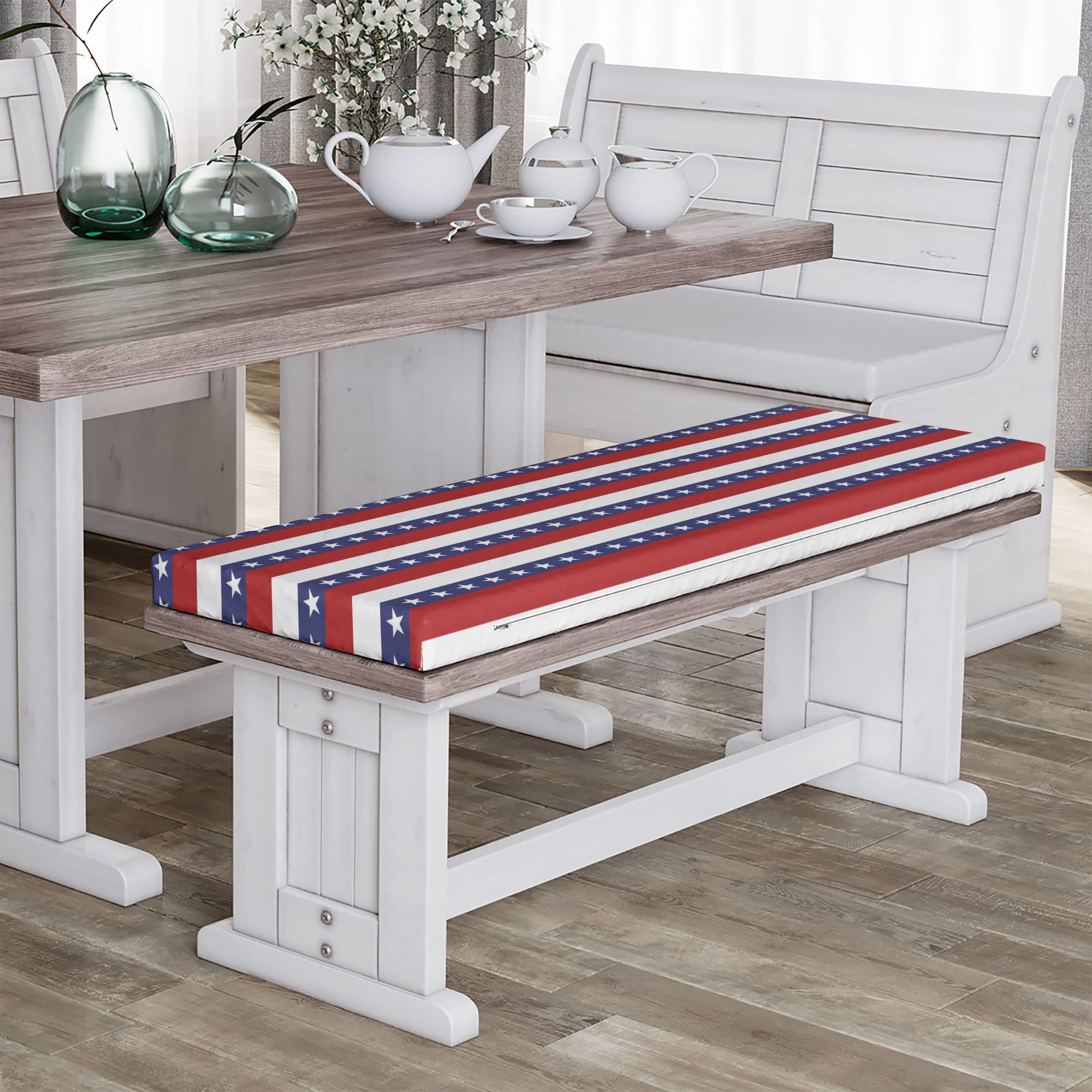 Ambesonne 4th of July Bench Cushion, Stars and Stripes Pattern American Flag Inspired Patriotic Theme, Standard Size Foam Pad with Decorative Fabric Cover, 45" x 15" x 2", White Blue