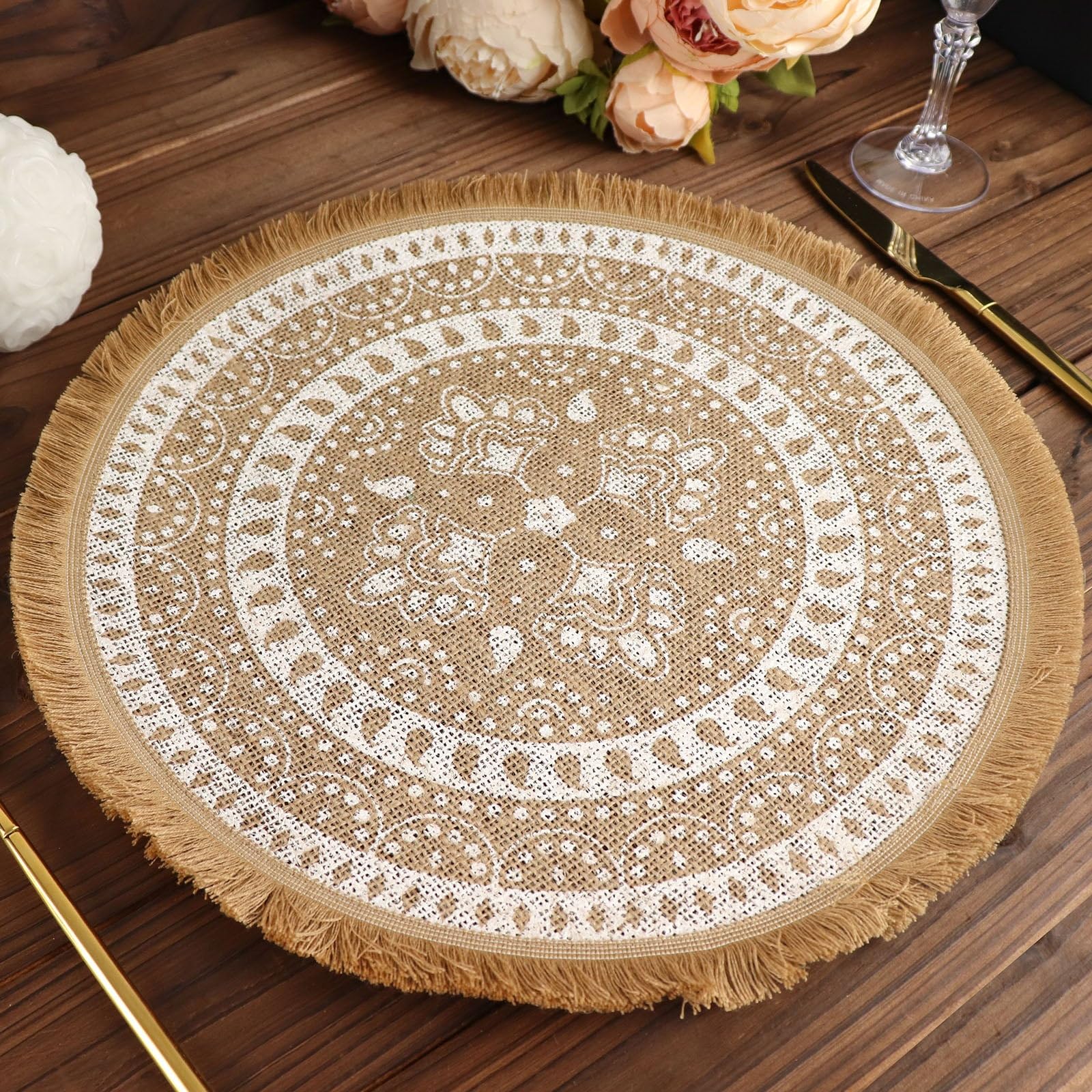 Efavormart 4 Pack | Natural 15" Jute & White Print Fringe Placemats, Rustic Round Woven Burlap Tassel Table Mats