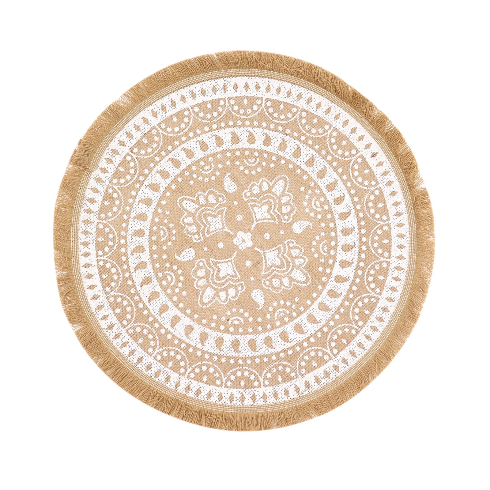 Efavormart 4 Pack | Natural 15" Jute & White Print Fringe Placemats, Rustic Round Woven Burlap Tassel Table Mats