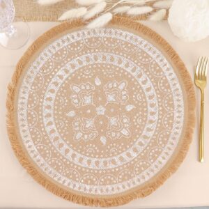 Efavormart 4 Pack | Natural 15" Jute & White Print Fringe Placemats, Rustic Round Woven Burlap Tassel Table Mats