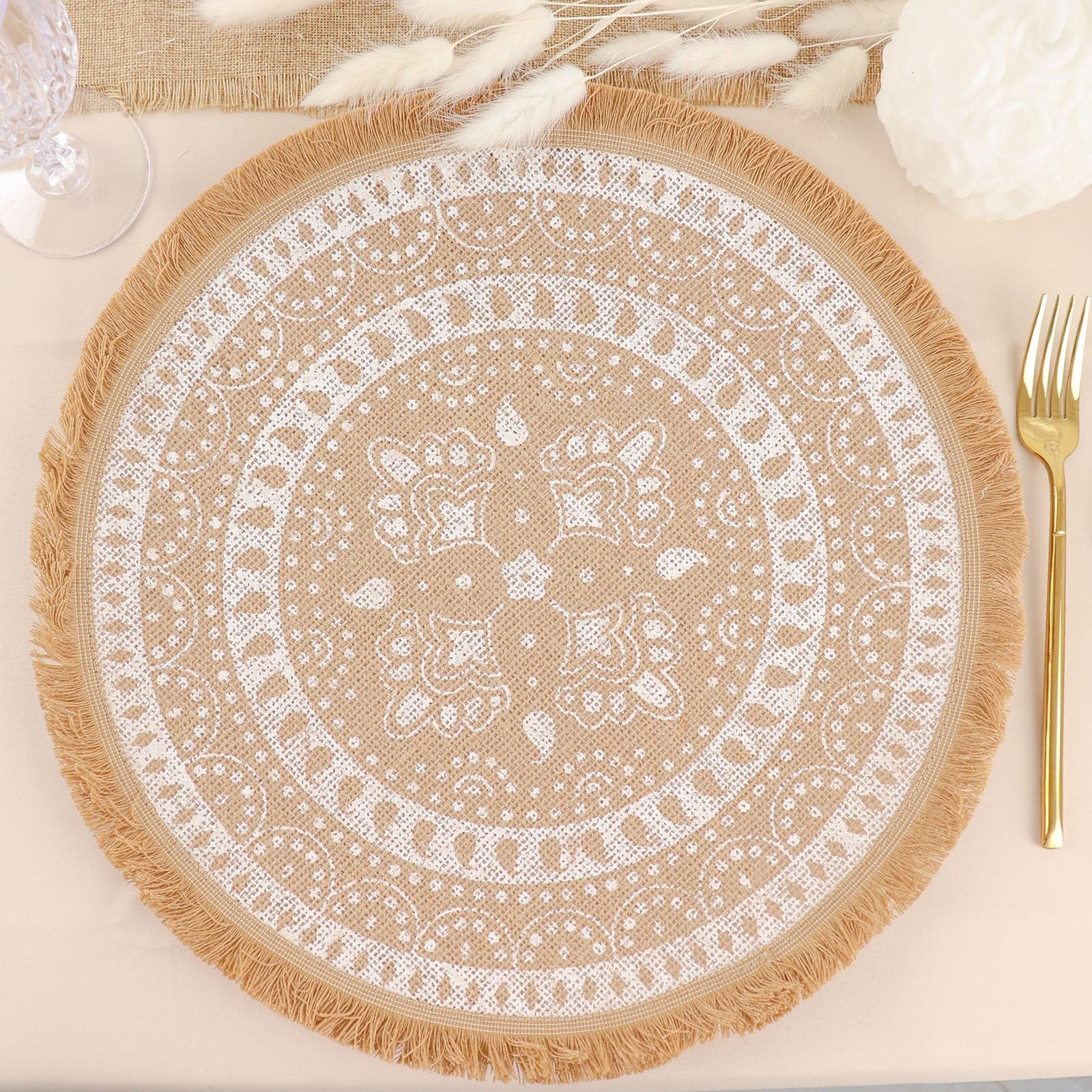 Efavormart 4 Pack | Natural 15" Jute & White Print Fringe Placemats, Rustic Round Woven Burlap Tassel Table Mats