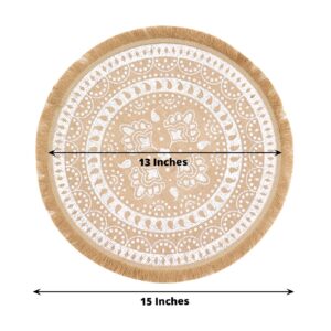 Efavormart 4 Pack | Natural 15" Jute & White Print Fringe Placemats, Rustic Round Woven Burlap Tassel Table Mats