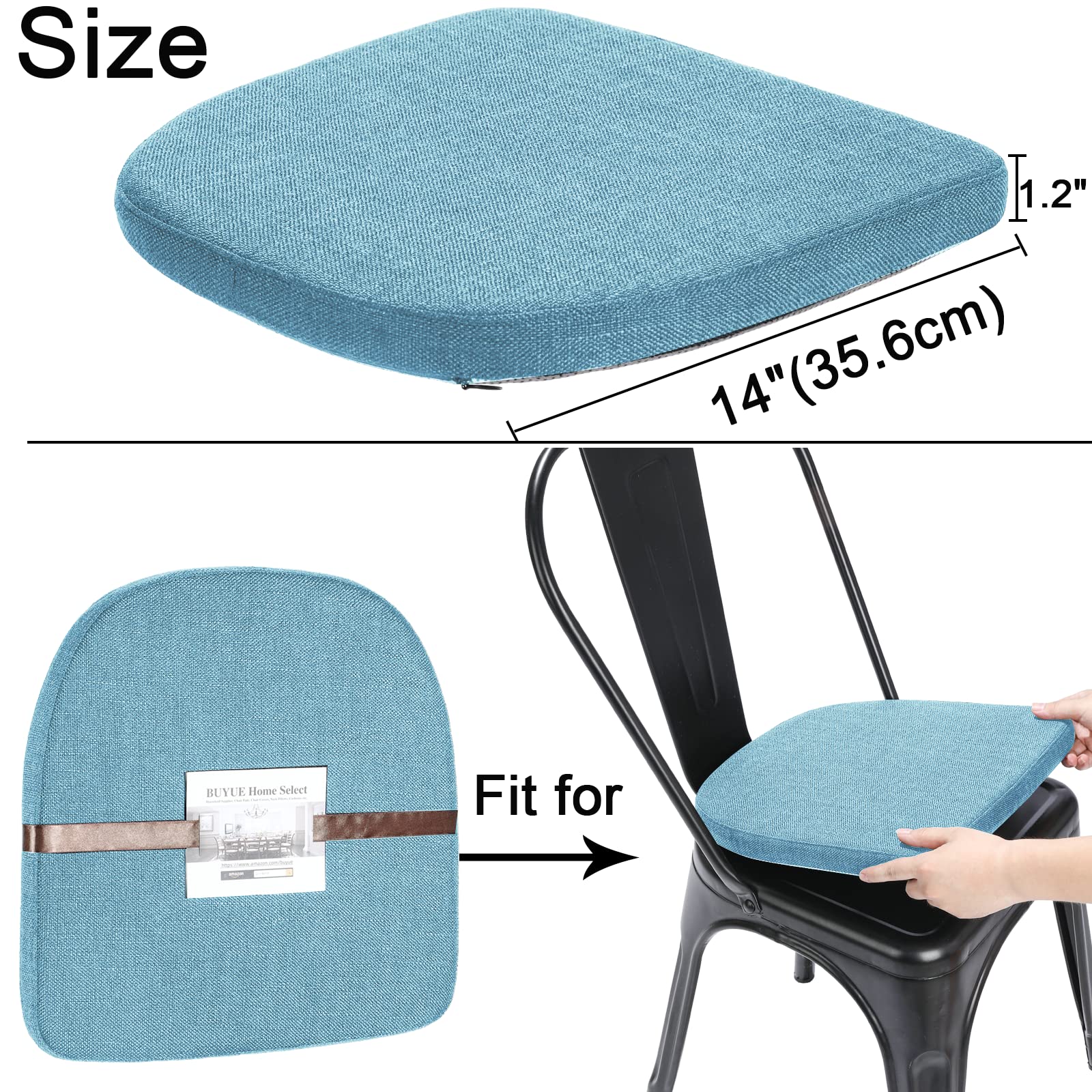 BUYUE Natural Linen 14x14 Magnetic Cushion for Metal Chair 1 Piece, Enhanced Anti-Slip Seat Pad for Dining Kitchen Café Stackable Chair (U-Shape, Light Blue, 1 Count)