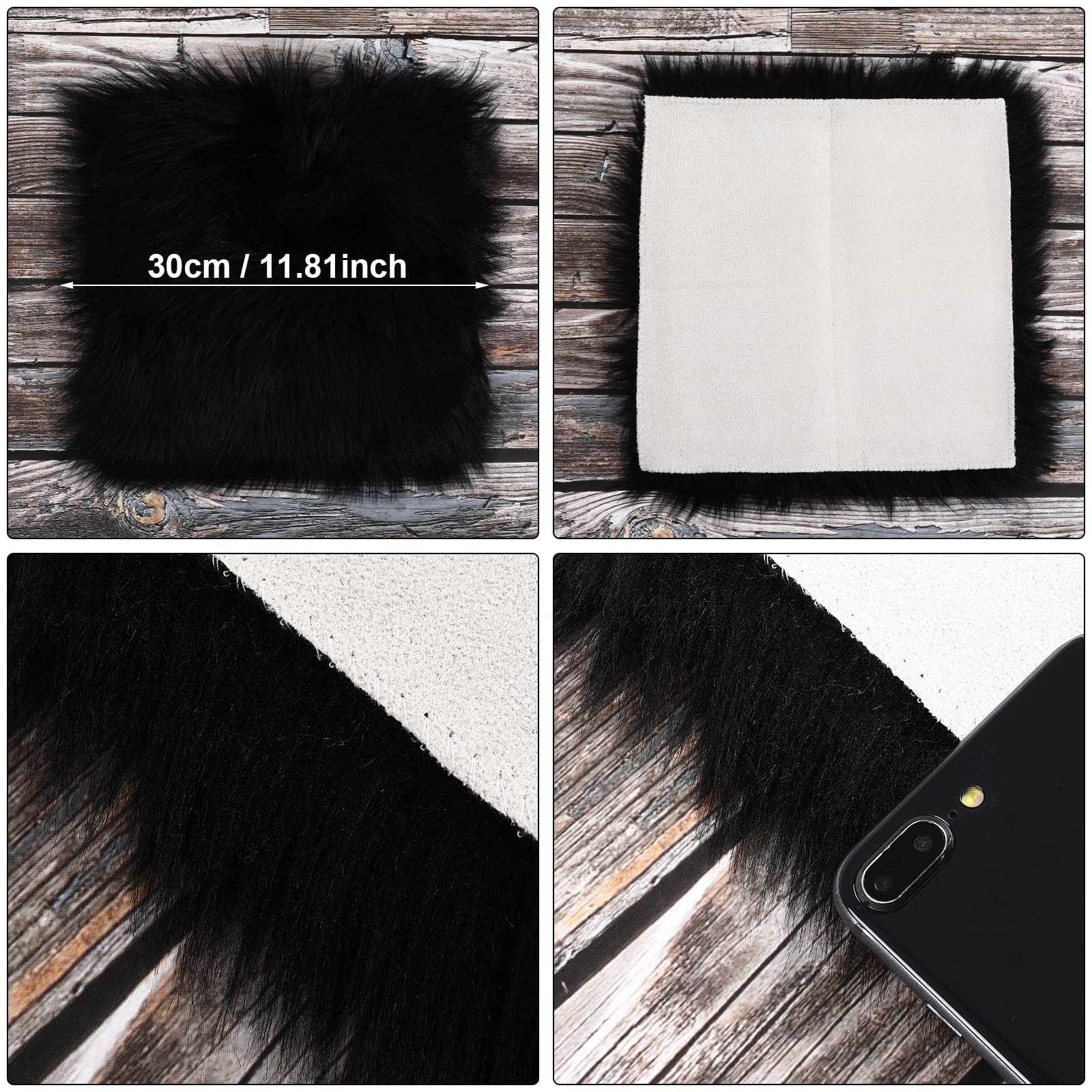 Sibba Faux Fur Area Rugs Chair Pad Protectors 12 inch Mini Square Cover Seat Fuzzy Cushion Carpet Mat Soft Fluffy Rug Couch for Living Bedroom Sofa Nail Art Photography Background Locker Decor (Black)
