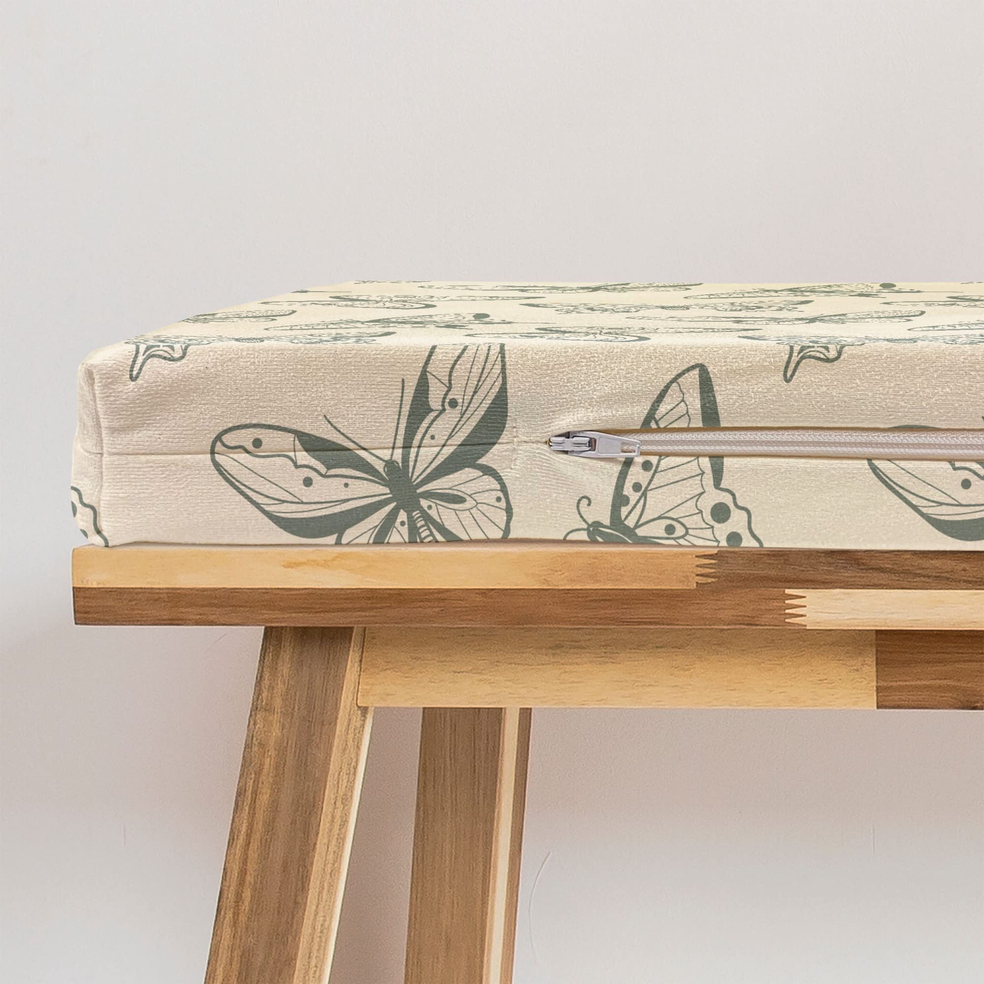 Lunarable Spring Bench Pad, Earthy Tone Damask Stencil Swallowtail Butterfly and Skippers, Standard Size HR Foam Cushion with Decorative Fabric Cover, 45" x 15" x 2", Green Eggshell