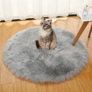 Eanpet Faux Fur Rug Sheepskin Chair Cushion Pad with Snap 18 x 18 Round Seat Cover Fluffy Chair Pillow Soft Circle Rug Carpet Area Rug for Bedroom,Living Room,Grey
