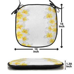 Lunarable Hawaiian Chair Cushion Pads Set of 4, Frangipani Blossoms Exotic Nature Garden Plumeria Flower Frame Relaxation Theme, Anti-Slip Seat Padding for Kitchen & Patio, 16"x16", Yellow White