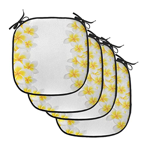 Lunarable Hawaiian Chair Cushion Pads Set of 4, Frangipani Blossoms Exotic Nature Garden Plumeria Flower Frame Relaxation Theme, Anti-Slip Seat Padding for Kitchen & Patio, 16"x16", Yellow White