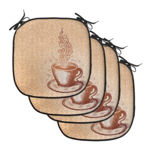 lunarable coffee chair cushion pads set of 4, cup saucer pattern on damask themed background ornamental art, anti-slip seat padding for kitchen & patio, 16"x16", brown camel