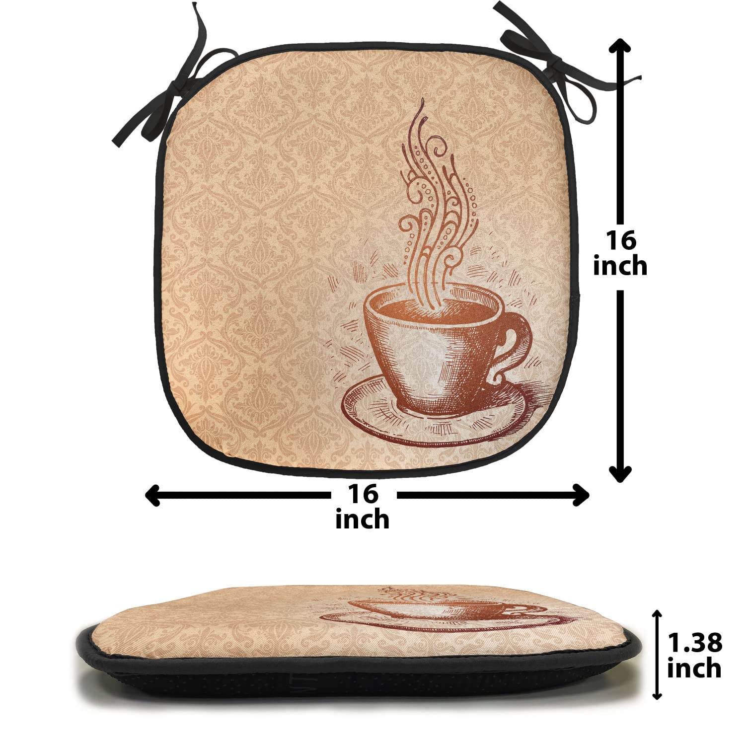 Lunarable Coffee Chair Cushion Pads Set of 4, Cup Saucer Pattern on Damask Themed Background Ornamental Art, Anti-Slip Seat Padding for Kitchen & Patio, 16"x16", Brown Camel