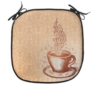 Lunarable Coffee Chair Cushion Pads Set of 4, Cup Saucer Pattern on Damask Themed Background Ornamental Art, Anti-Slip Seat Padding for Kitchen & Patio, 16"x16", Brown Camel