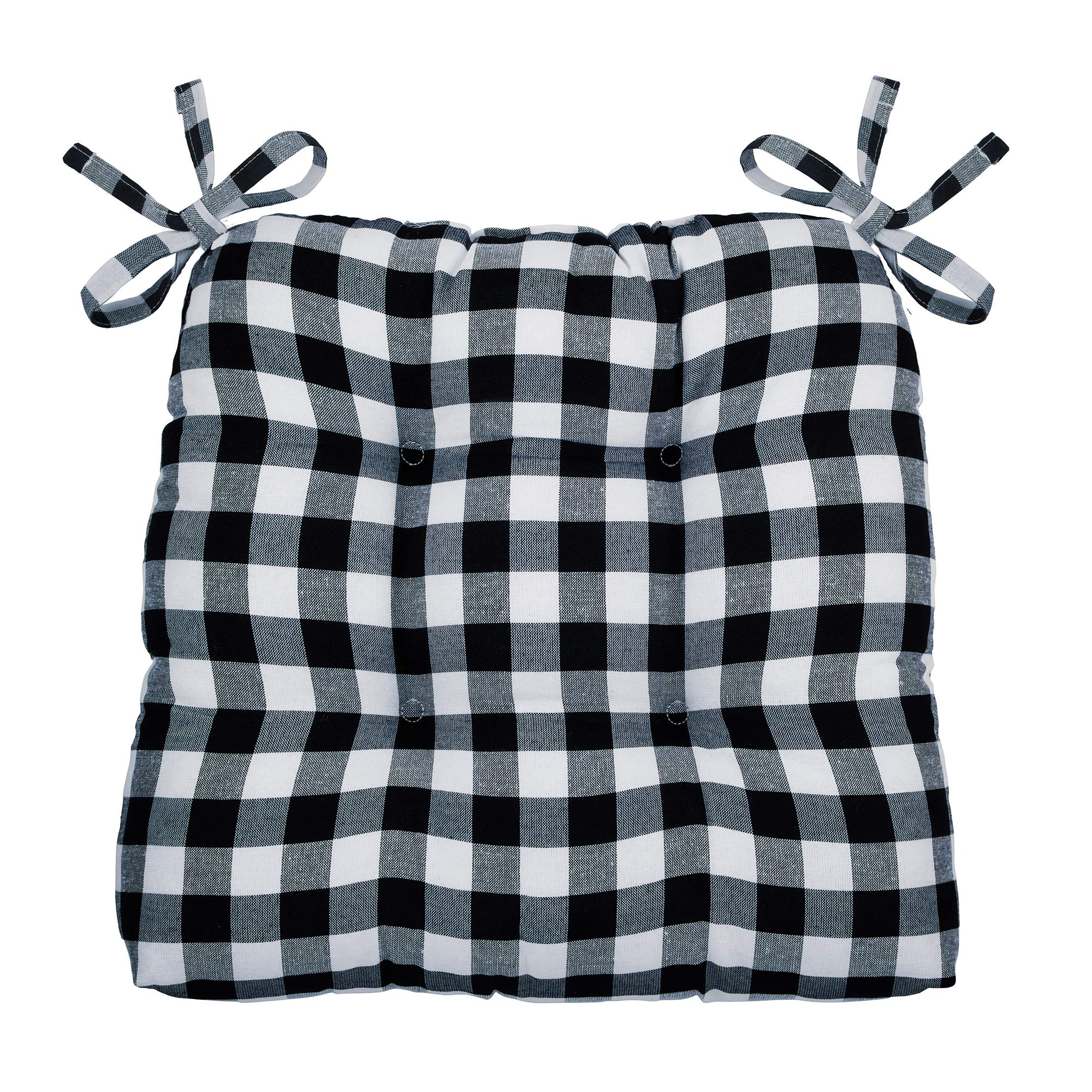 GoodGram Gingham Plaid Buffalo Checkered Premium Plush Country Farmhouse Chair Cushion Pads with Tear Proof Ties - Assorted Colors (6, Black)