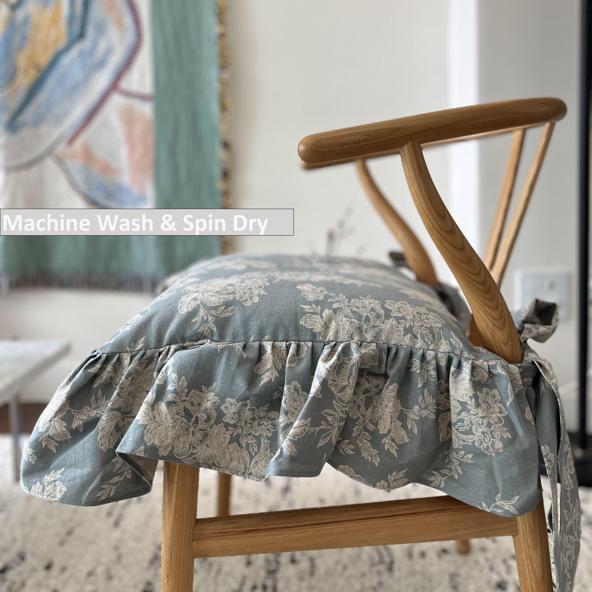 cozymomdeco Korean Made Chair Pad Slipcover 17.7'x17.7' Chair Cushion Cover Ties with Ruffle Farmhouse Decor NO Cushion Insert Included (Mint Floral)