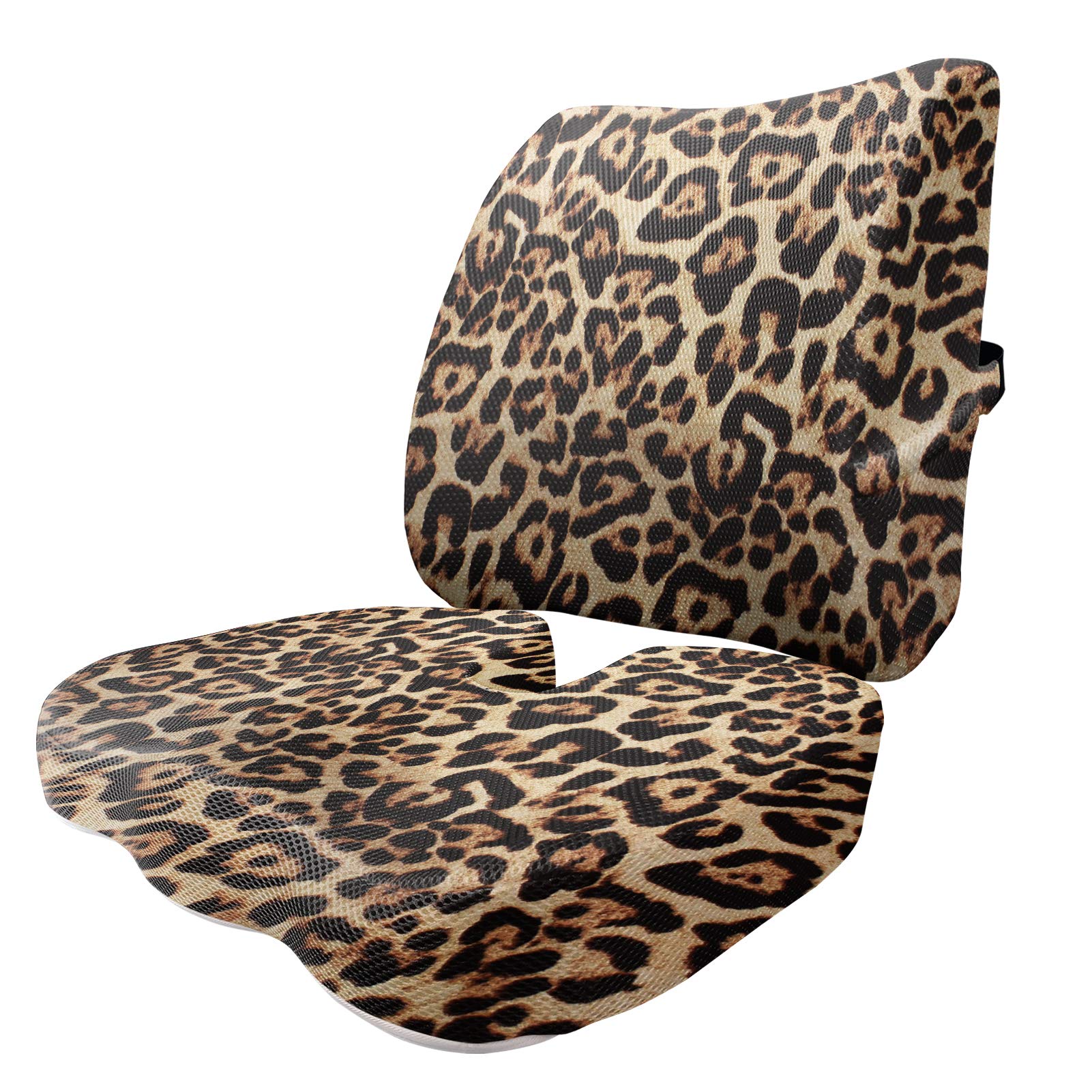 JEOCODY Leopard Print Seat Cushion & Lumbar Support for Office Chair, Car, Wheelchair, Memory Cotton Pillow, Washable Cover Father's