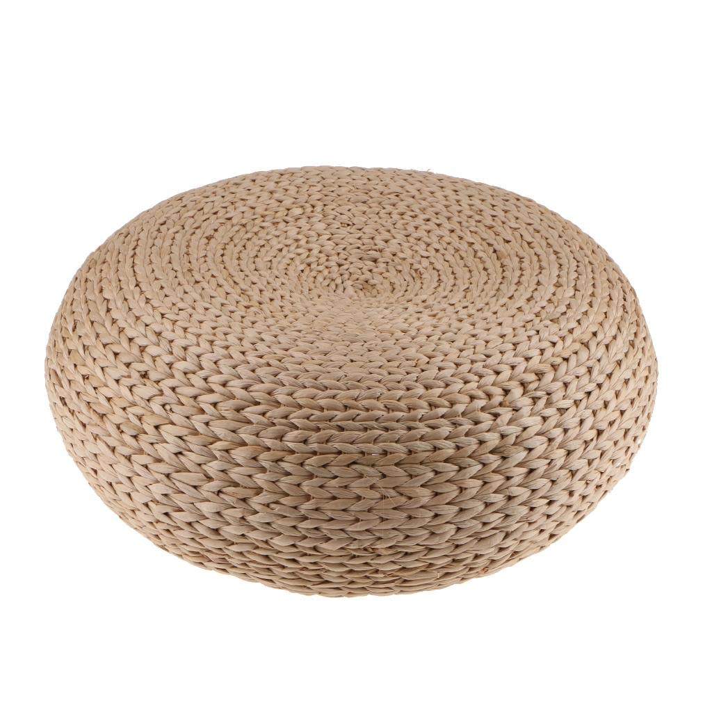 Knitted Straw Flat Seat Cushion, 15.7inch Round Pouf Tatami Cushion Floor