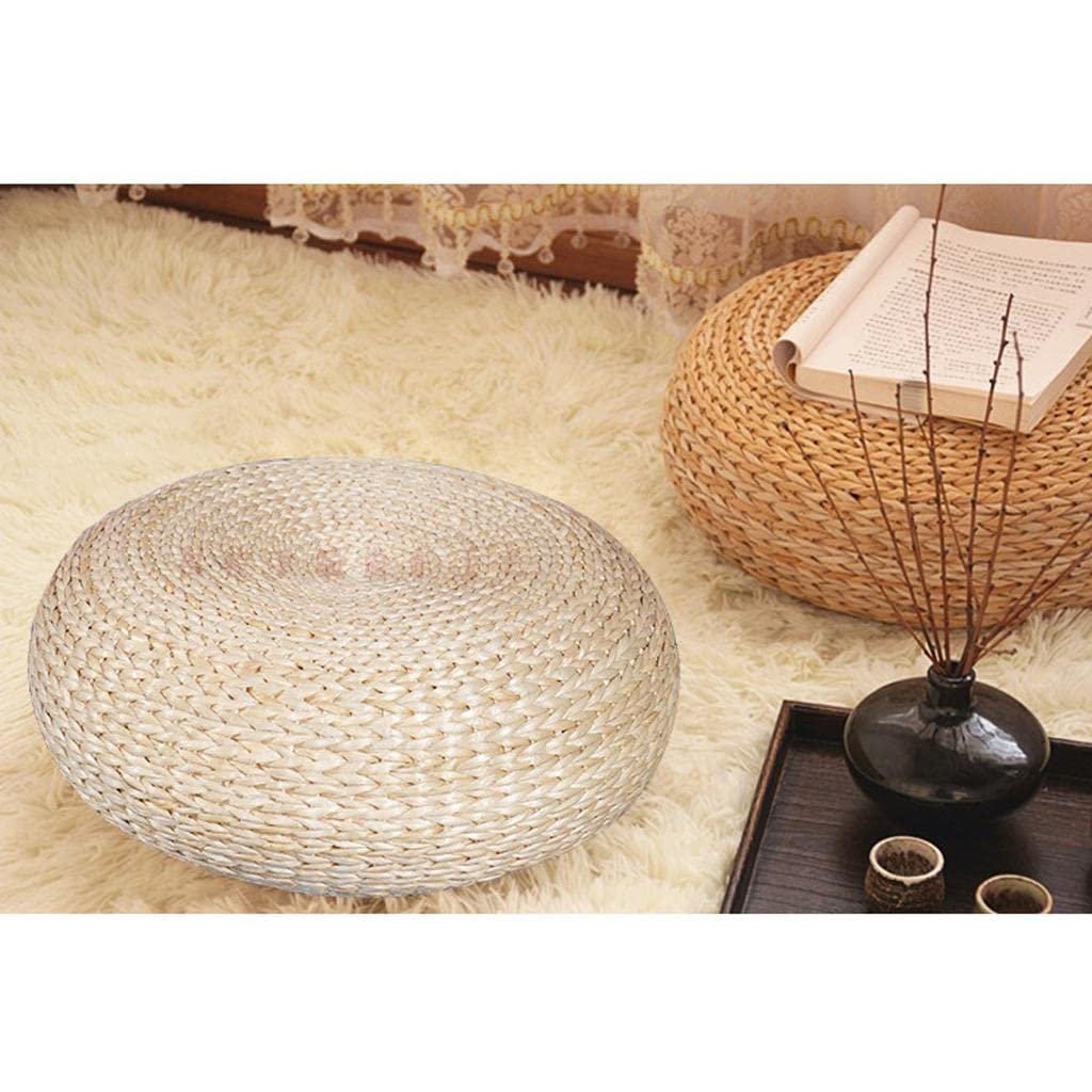 Knitted Straw Flat Seat Cushion, 15.7inch Round Pouf Tatami Cushion Floor