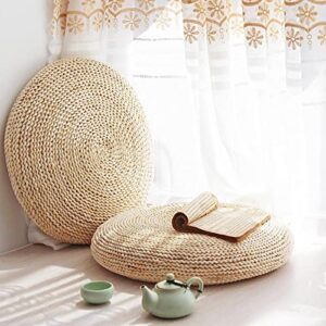 Knitted Straw Flat Seat Cushion, 15.7inch Round Pouf Tatami Cushion Floor