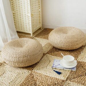 Knitted Straw Flat Seat Cushion, 15.7inch Round Pouf Tatami Cushion Floor