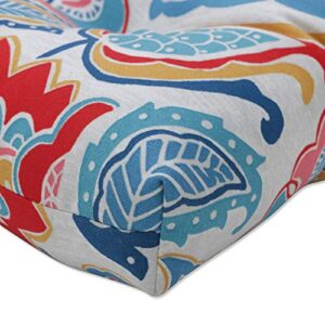 Pillow Perfect Bright Floral Indoor/Outdoor Chairpad with Ties, Tufted, Weather, and Fade Resistant, 17" x 17.5", Blue/Red Moroccan Flowers, 2 Count