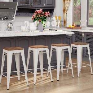 tongli 26 inch bar stools set of 4 counter height stools stackable bar stool backless metal barstools white cream counter stools indoor for kitchen & island&dining chairs set of 4