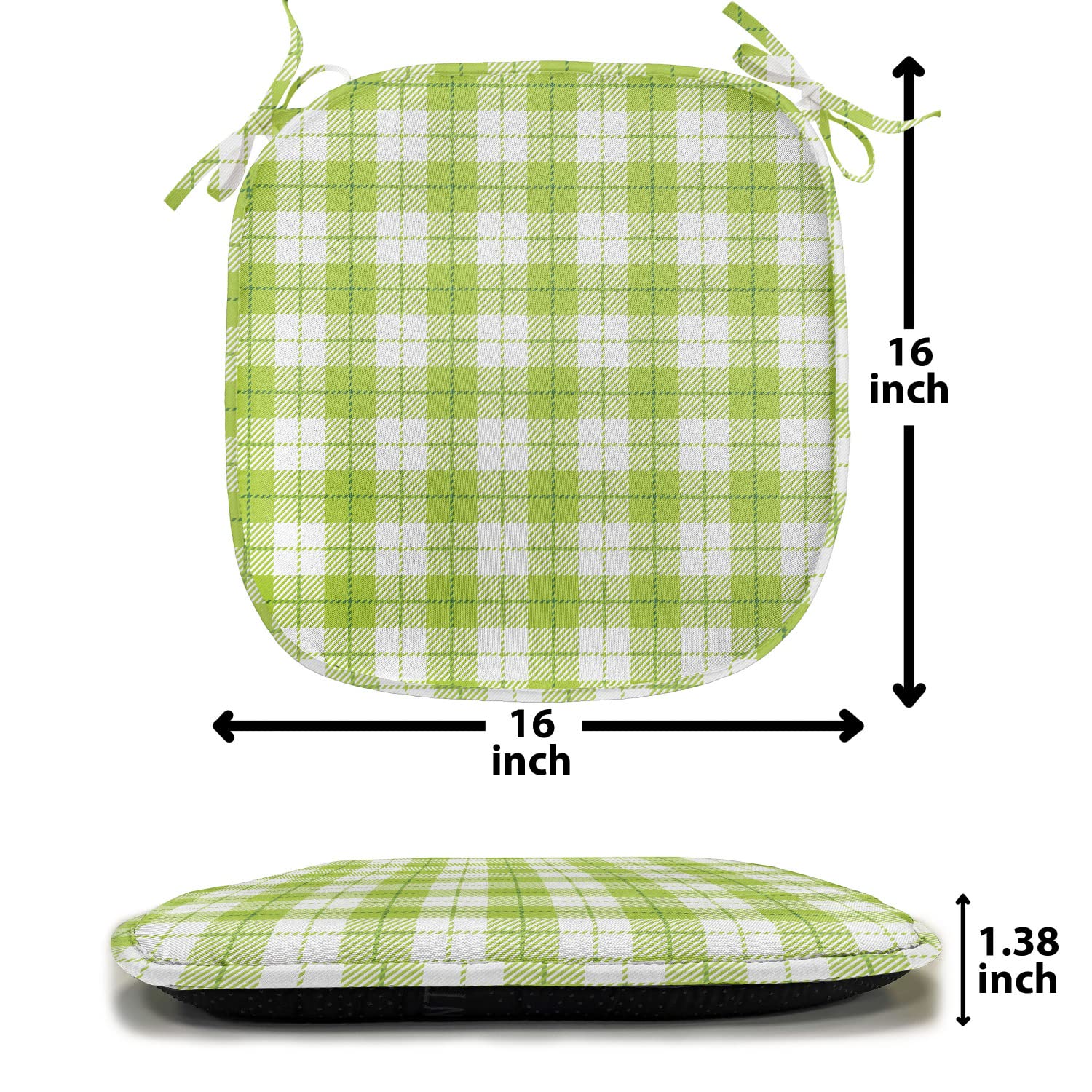 Lunarable Plaid Chair Seating Cushion Set of 2, Retro Style Vibrant Green Pattern with Traditional Irish Scottish Design, Anti-Slip Seat Padding for Kitchen & Patio, 16"x16", Yellow Green White