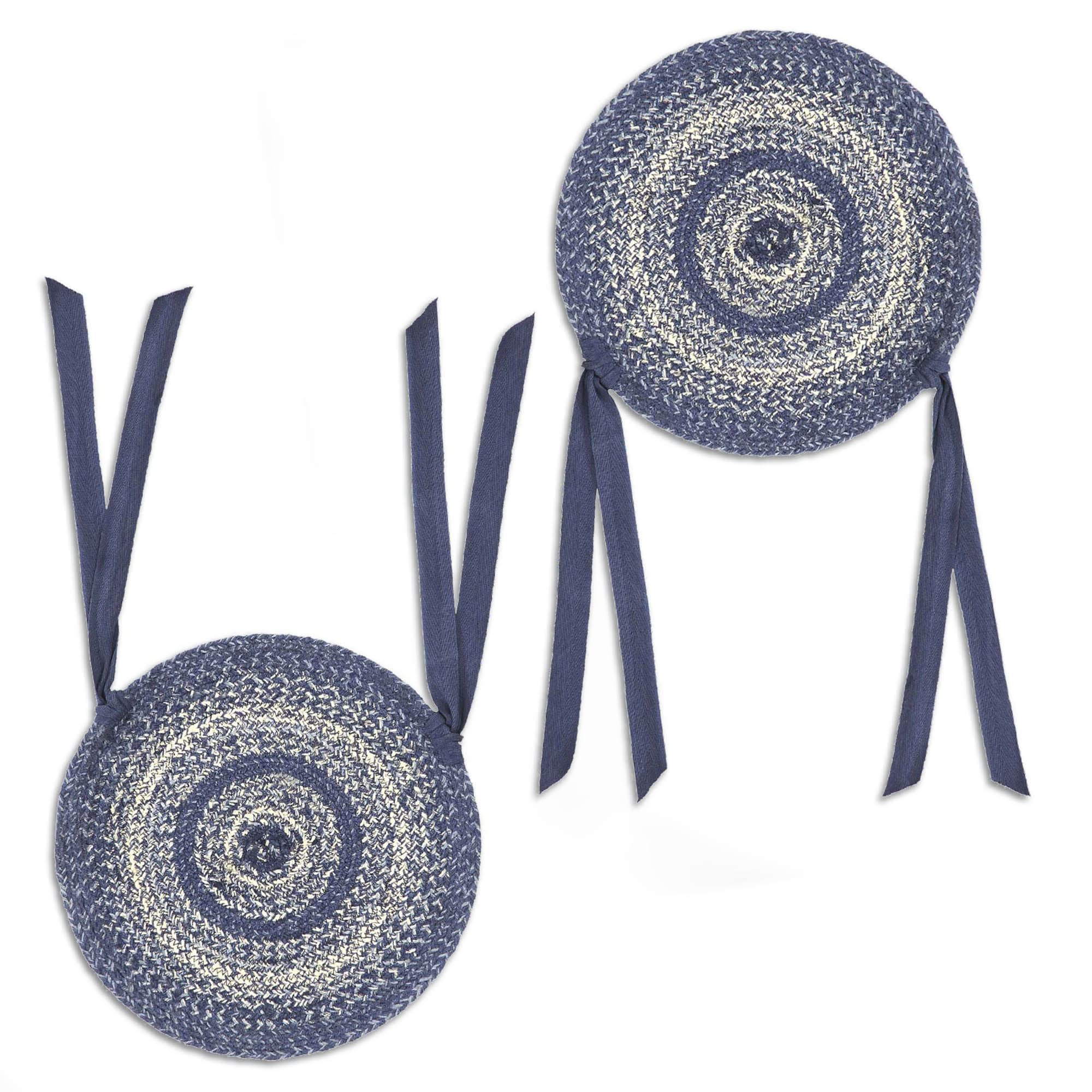 VHC Brands Great Falls Blue Jute Chair Pad with Ties-Braided Dining Room Kitchen Farmhouse Decor,15 inch Diameter, Set of 2 Pieces