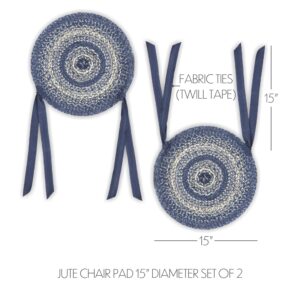 VHC Brands Great Falls Blue Jute Chair Pad with Ties-Braided Dining Room Kitchen Farmhouse Decor,15 inch Diameter, Set of 2 Pieces