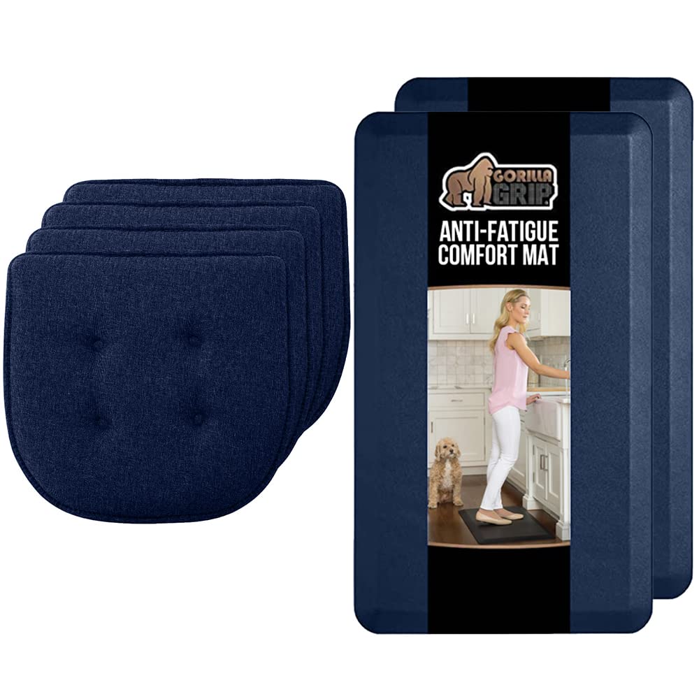 Gorilla Grip Tufted Chair Pads Set of 4 and Antifatigue Mat Set of 2, Chair Cushions Size 16x17, Washable, Antifatigue Mats Size 17x48 and 17x24, Supportive Memory Foam, Both in Navy, 2 Item Bundle